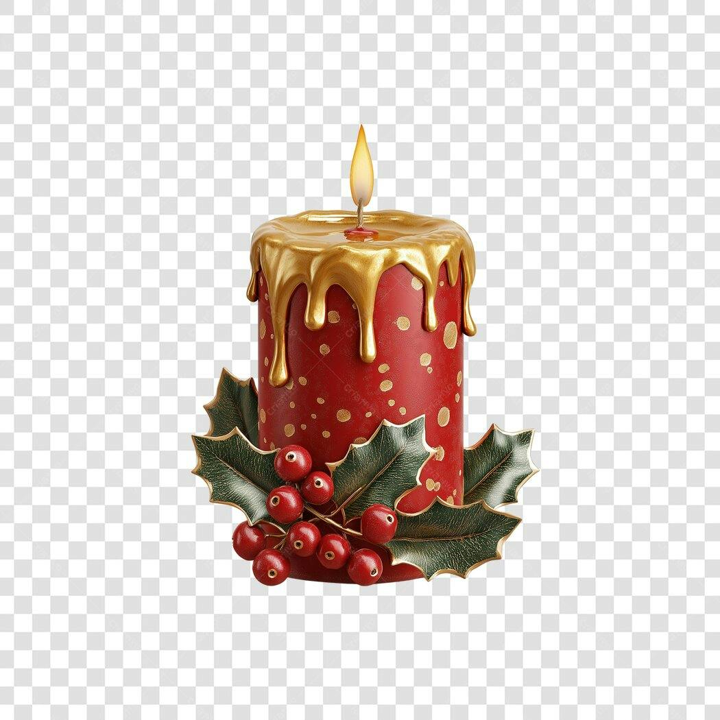 Decoração Natalina Vela Vermelha Dourada PNG com fundo transparente