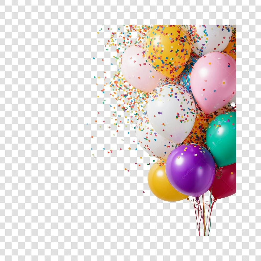 Ilustração de Festa Aniversário e Celebração com Balões Coloridos Confetes PNG com fundo transparente