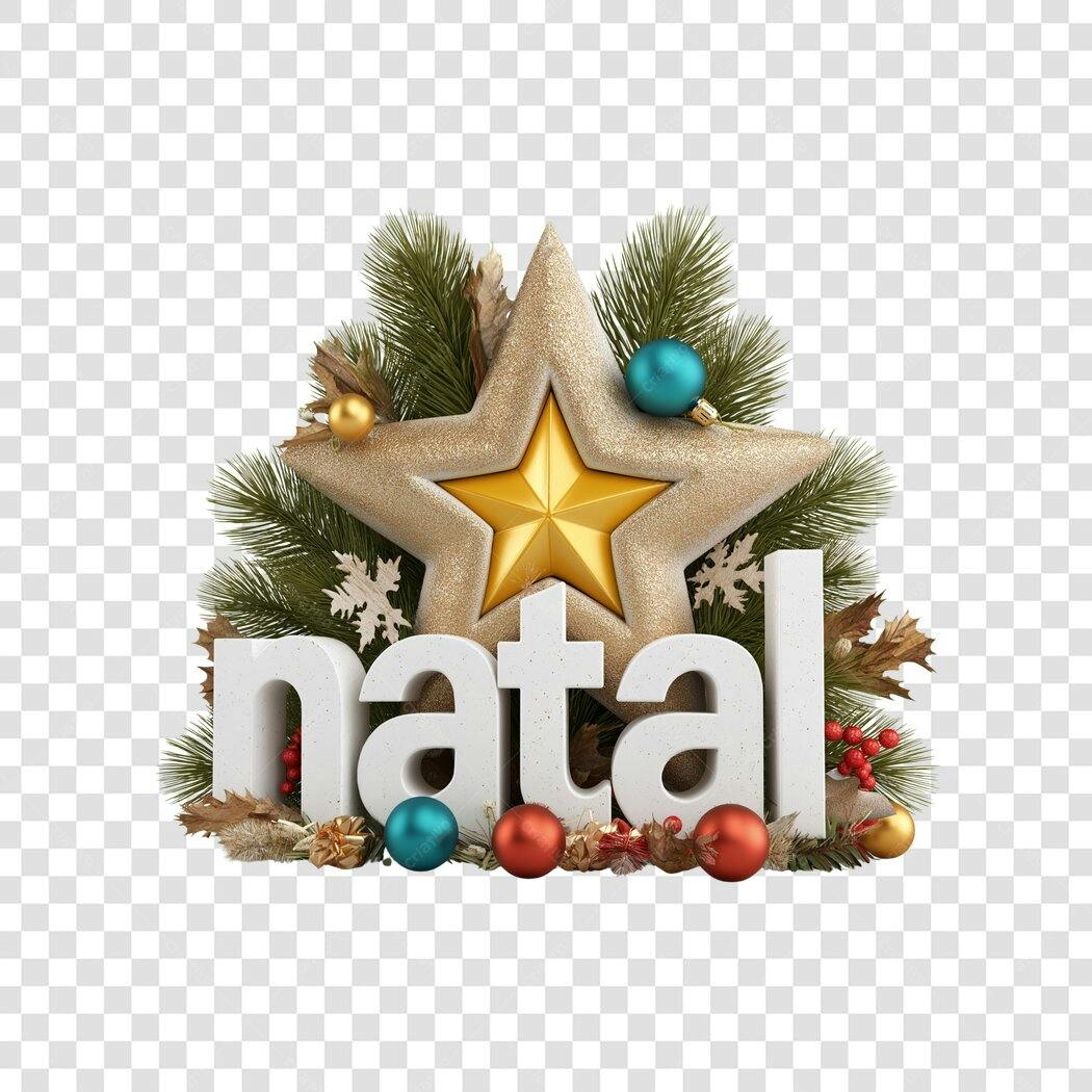 Elemento Gráfico Natal Letras 3D estrela dourada pinho ornamentos PNG com fundo transparente