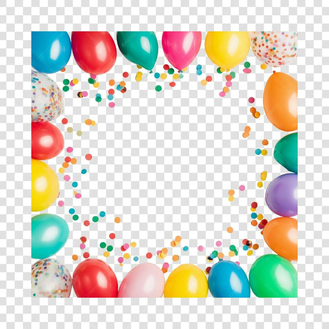 Moldura de Festa Aniversário com Balões Coloridos Confetes PNG com fundo transparente