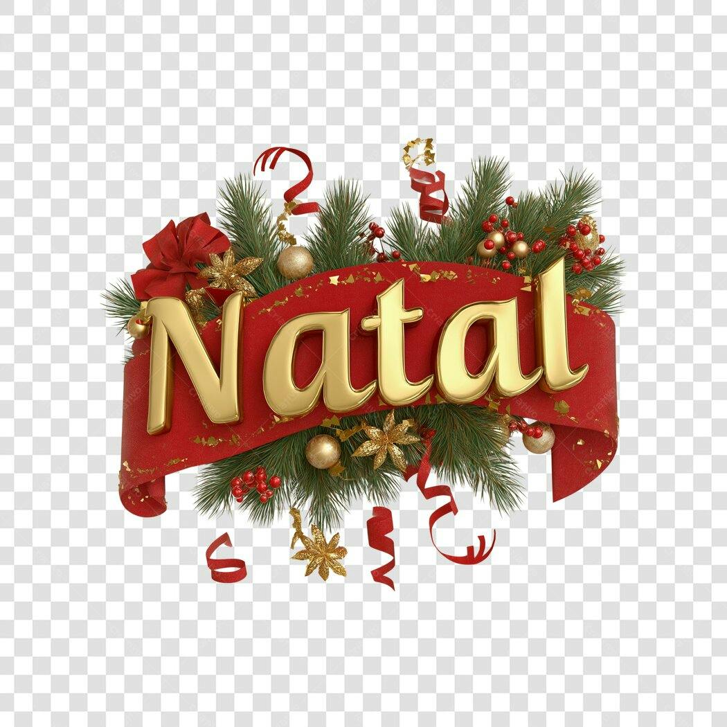 Título Festivo Natal Dourado Vermelho com Ramos e Laços PNG fundo transparente