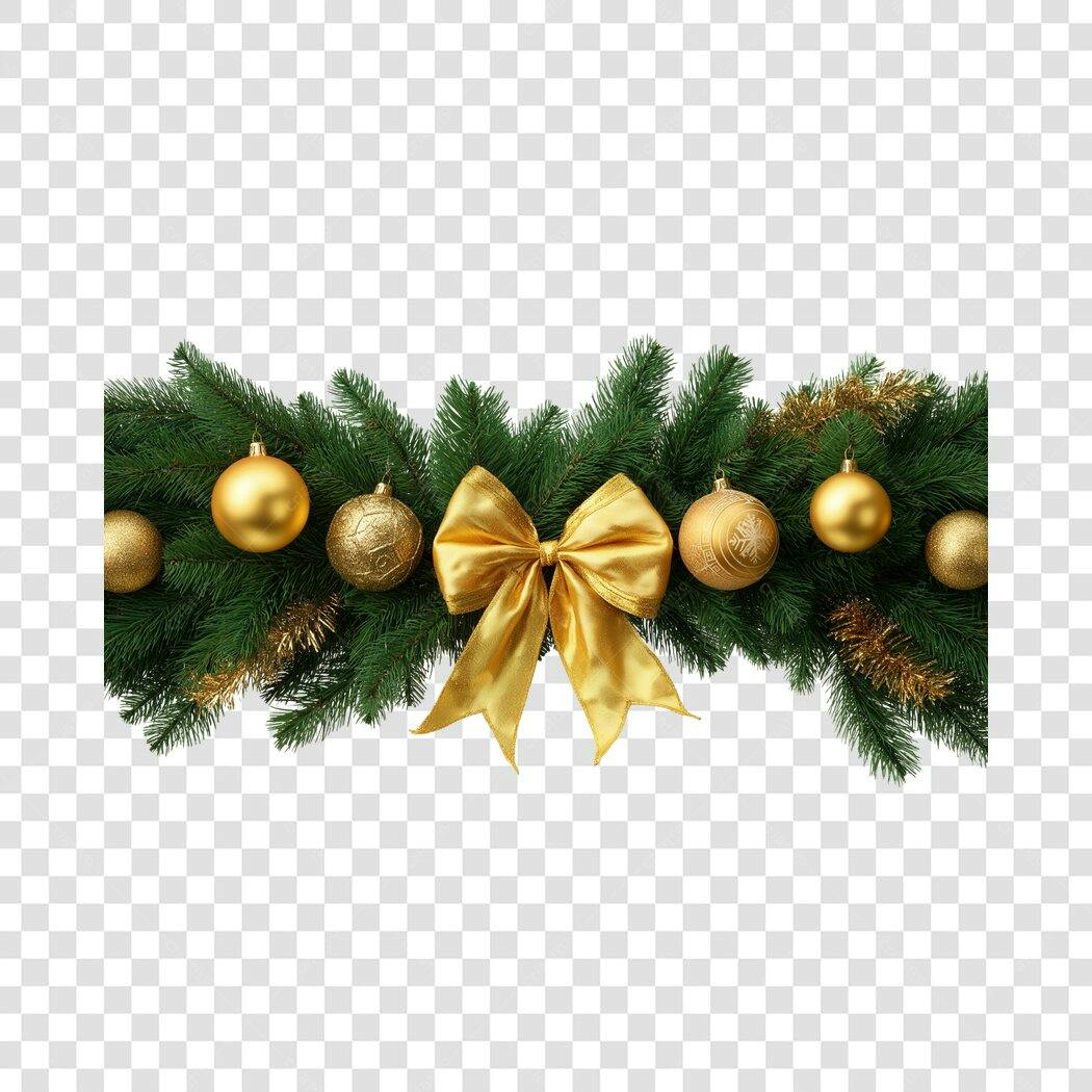 Decoração Natalina Ramos Pinho Bolas Laço Dourado Festas PNG com fundo transparente