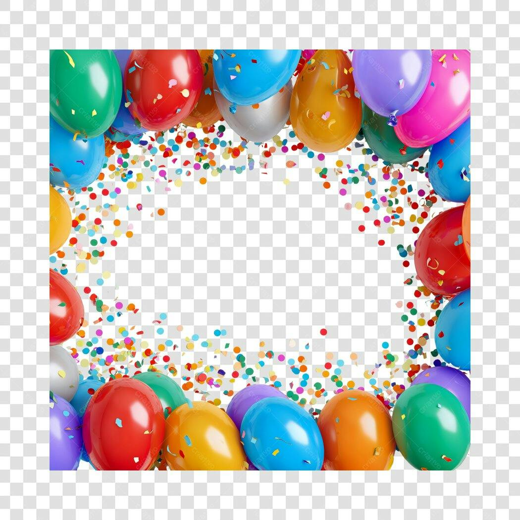 Moldura de Celebração com Balões e Confetes Coloridos PNG com fundo transparente