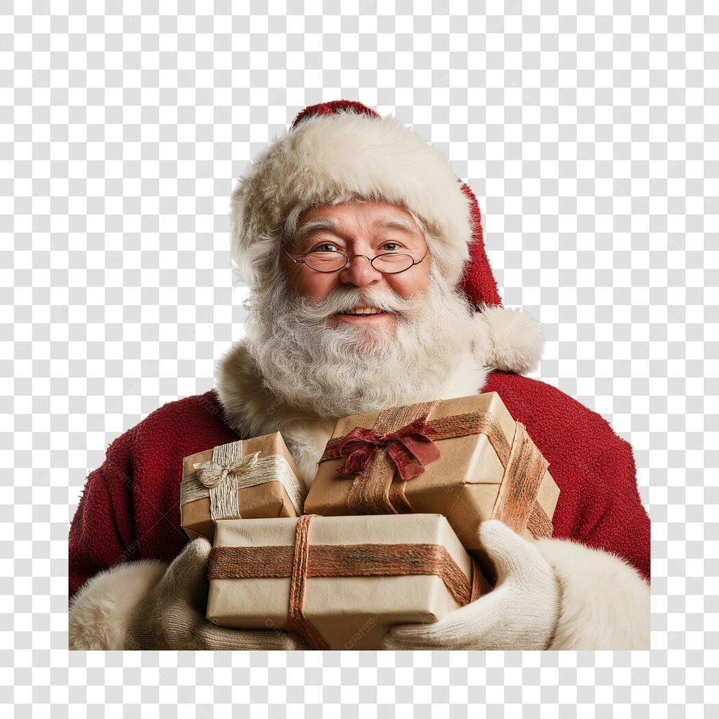 Papai Noel Feliz com Presentes Natalinos PNG com fundo transparente