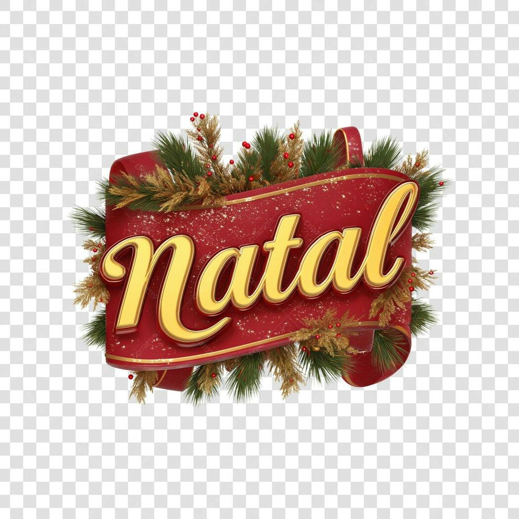 Título Natal Dourado em Fita Vermelha com Folhagem Festiva PNG com fundo transparente