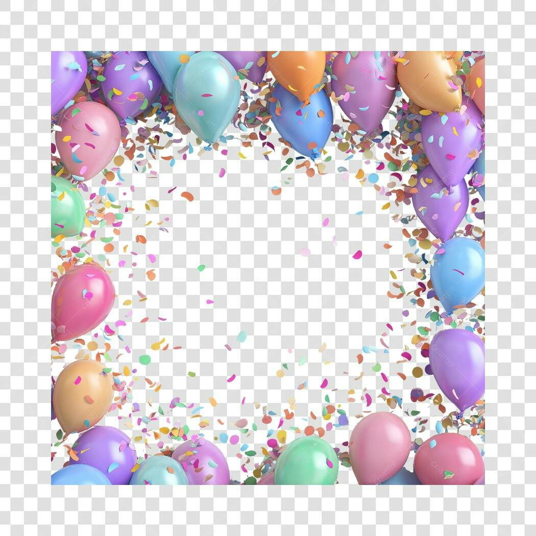 Borda Festiva Balões Confetes Coloridos para Aniversário PNG com fundo transparente