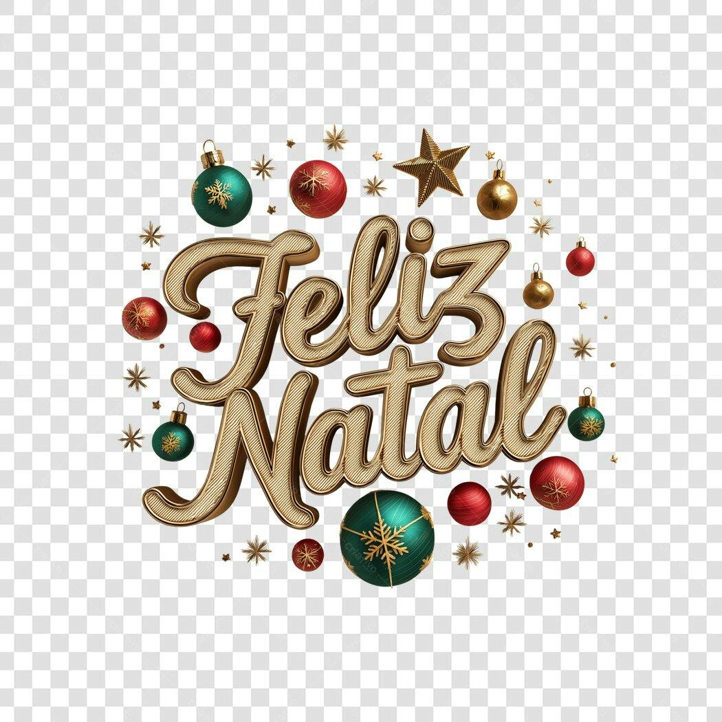 Arte Digital Feliz Natal texto dourado 3D bolas estrelas PNG com fundo transparente