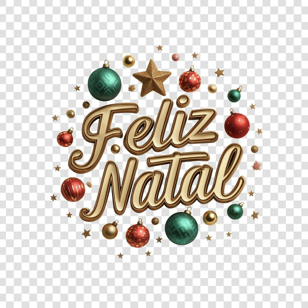 Elemento decorativo Feliz Natal dourado vermelho verde com bolas e estrelas PNG com fundo transparente