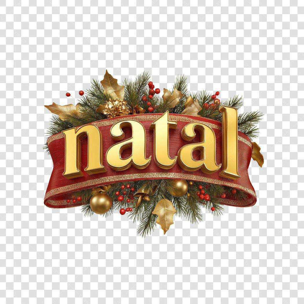 Título 3D Natal Luxuoso com Fita e Ramos Dourados Vermelho Verde PNG com fundo transparente