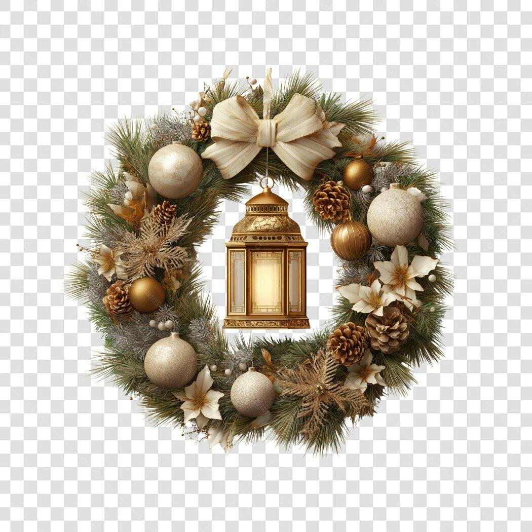 Guirlanda Natal Dourada Festiva com Lanterna PNG com fundo transparente