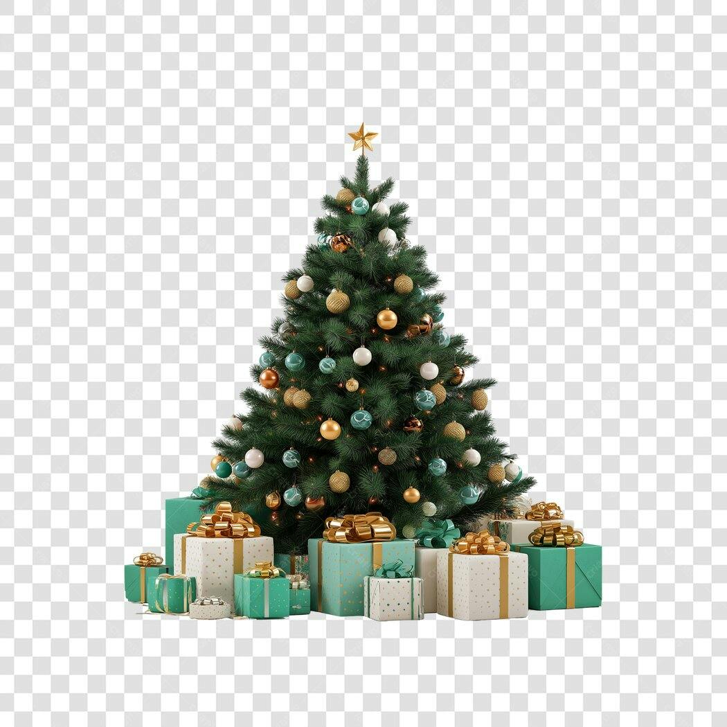 Árvore de Natal Decorada Dourado Azul Tifany e Presentes PNG com fundo transparente