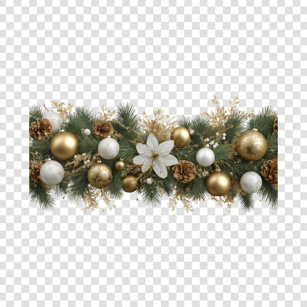 Faixa de Natal Enfeites Dourados Brancos Pinhas Poinsétia PNG com fundo transparente