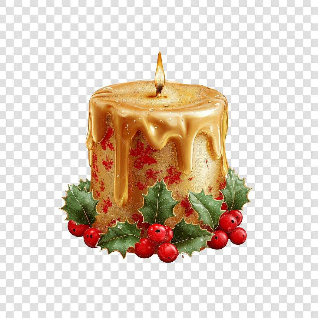 Ilustracao de Vela de Natal dourada com azevinho e bagas vermelhas PNG com fundo transparente