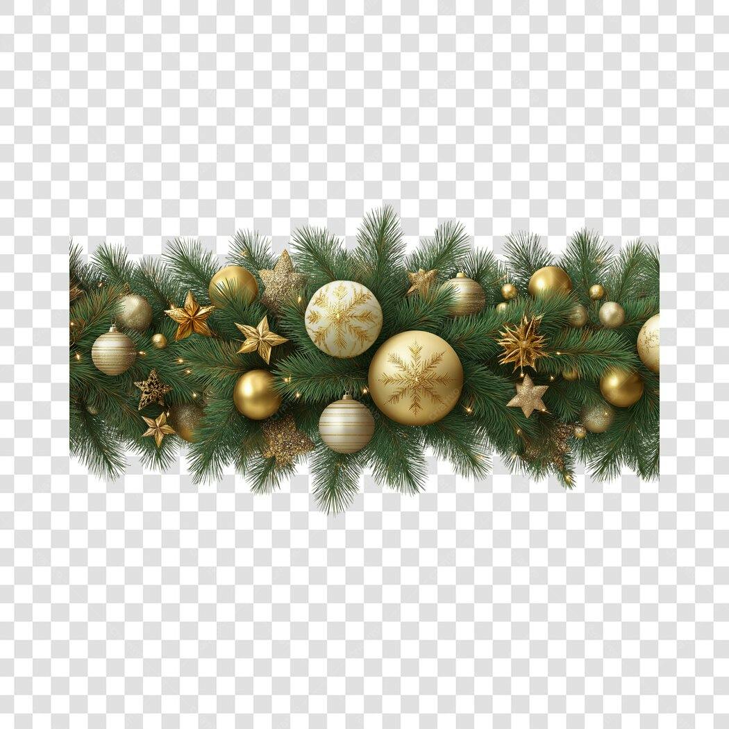 Faixa Decorativa Natal Dourada Verde com Bolas Estrelas PNG fundo transparente