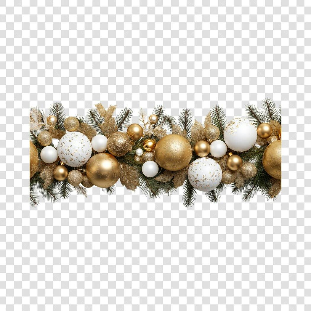 Borda Natalina dourada branca com bolas e ramos de pinheiro PNG com fundo transparente