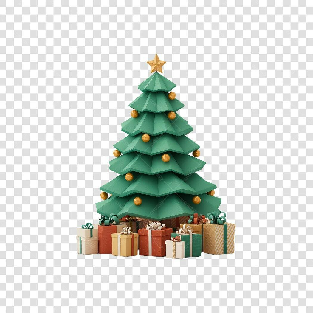 Elemento Gráfico Árvore de Natal 3D com Presentes Verde Dourado PNG com fundo transparente