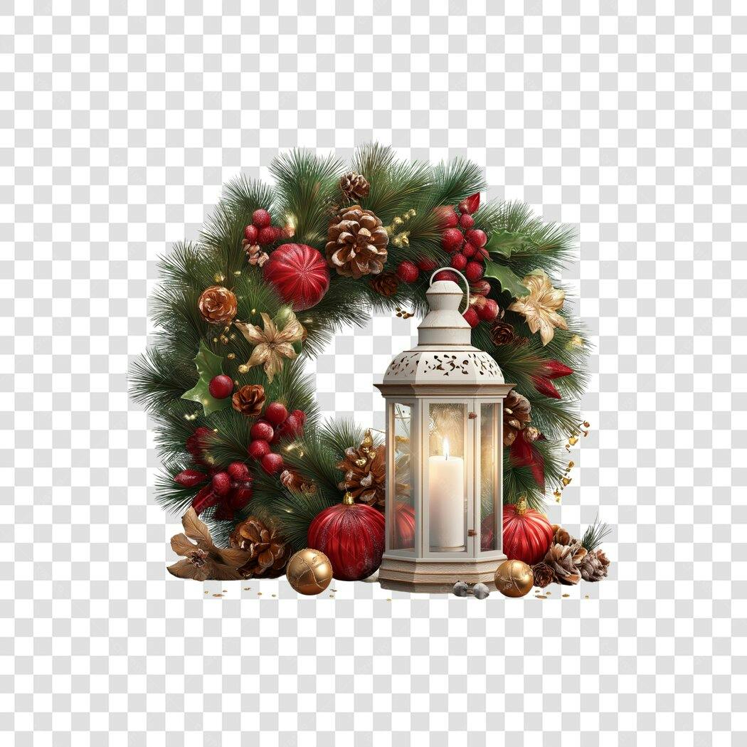 Guirlanda de Natal com Lanterna Vela Pinhas e Bagas Douradas PNG com fundo transparente