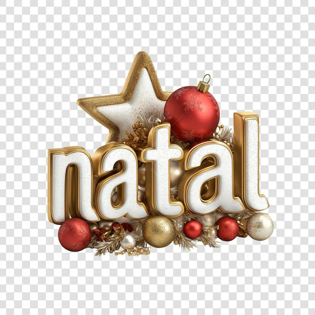 Título 3D Natal Dourado Vermelho Estrela PNG com fundo transparente