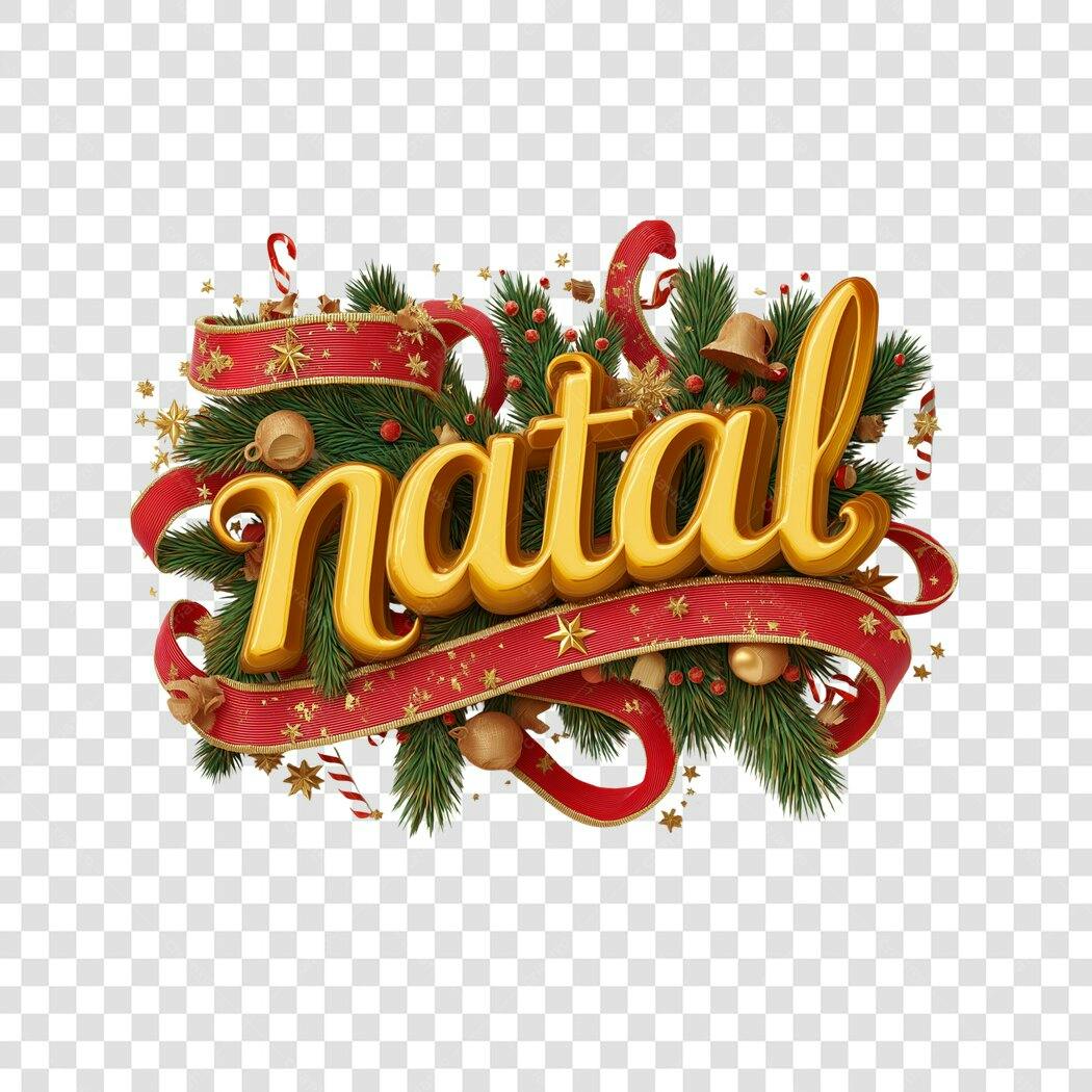 Título decorativo Natal dourado com fita vermelha e pinheiro PNG com fundo transparente