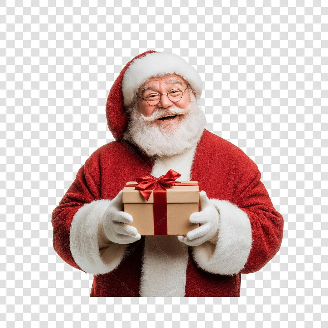 Imagem Papai Noel feliz com presente de Natal vermelho e branco PNG com fundo transparente
