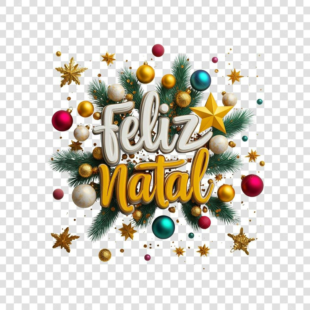 Arte Feliz Natal Dourada e Branca com Ornamentos e Estrelas PNG com fundo transparente