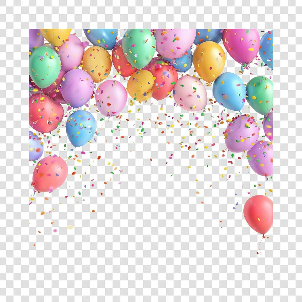 Elemento Decorativo Festa de Aniversário Balões Confetes Coloridos PNG com fundo transparente