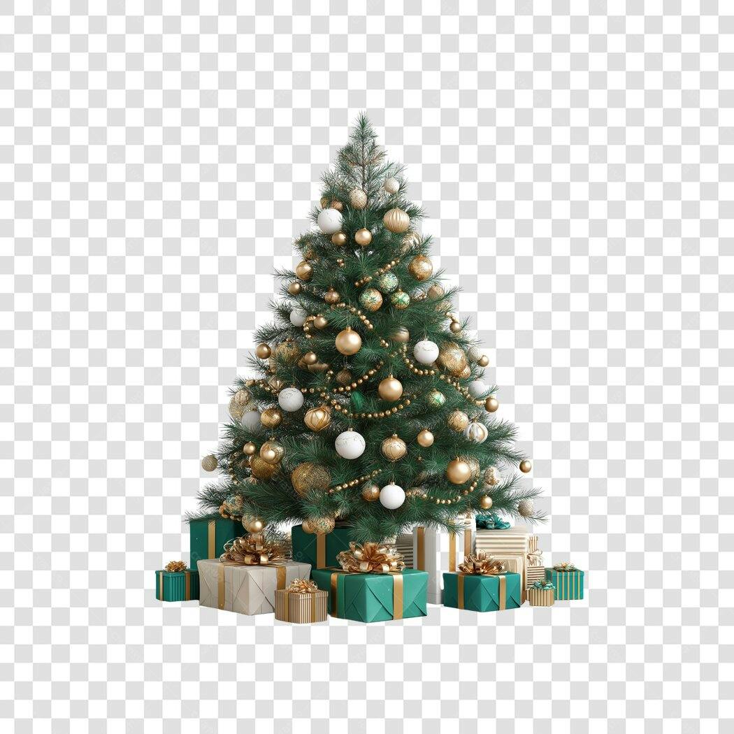 Elemento de Natal Árvore decorada dourado e verde com presentes PNG com fundo transparente