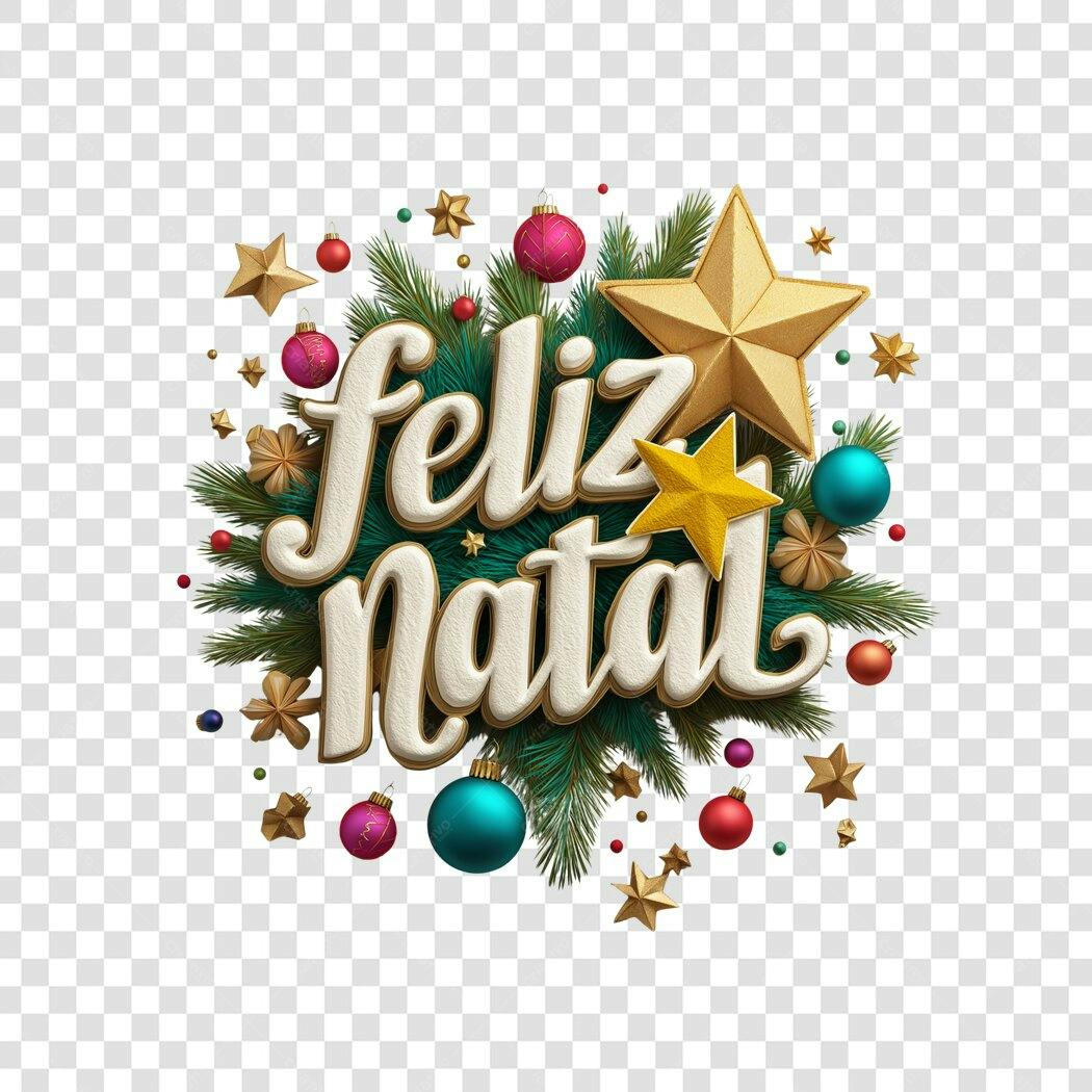 Título 3D Feliz Natal Folhagem Verde Bolas Estrelas Douradas PNG com fundo transparente
