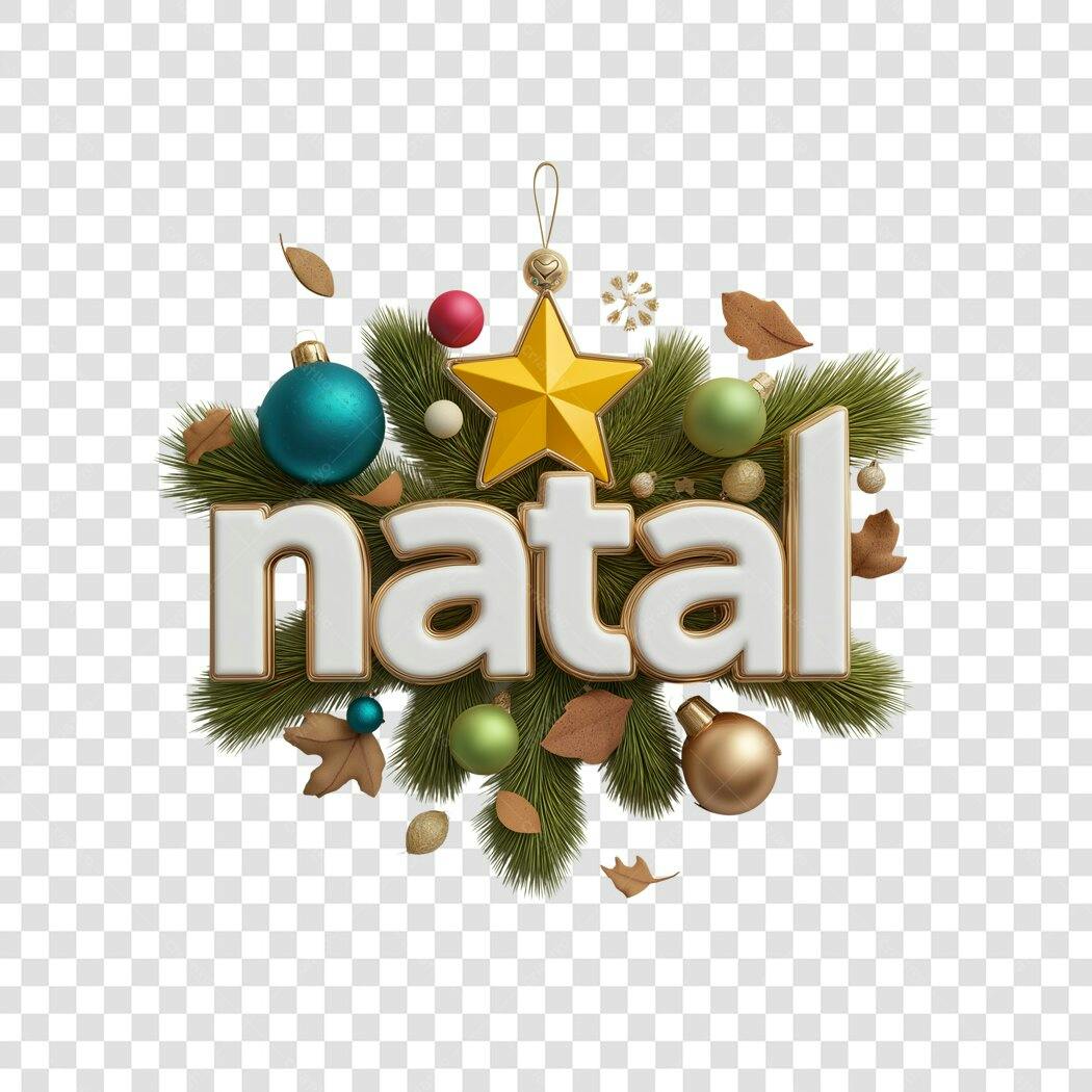 Título 3D Natal 25 de Dezembro com Letras Brancas Douradas e Enfeites Festivos PNG com fundo transparente