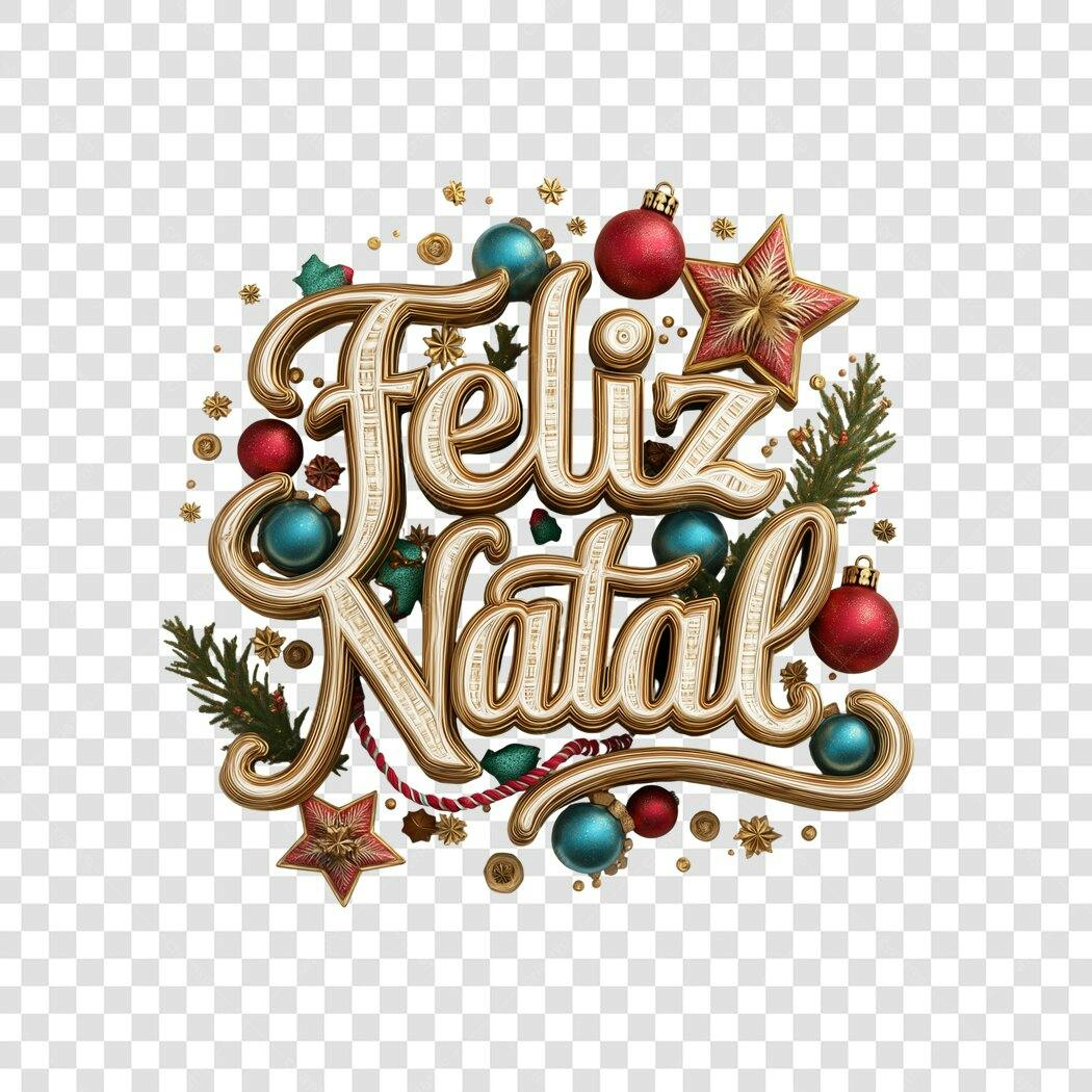 Mensagem Feliz Natal Dourada Enfeites Vermelhos e Turquesa PNG com fundo transparente