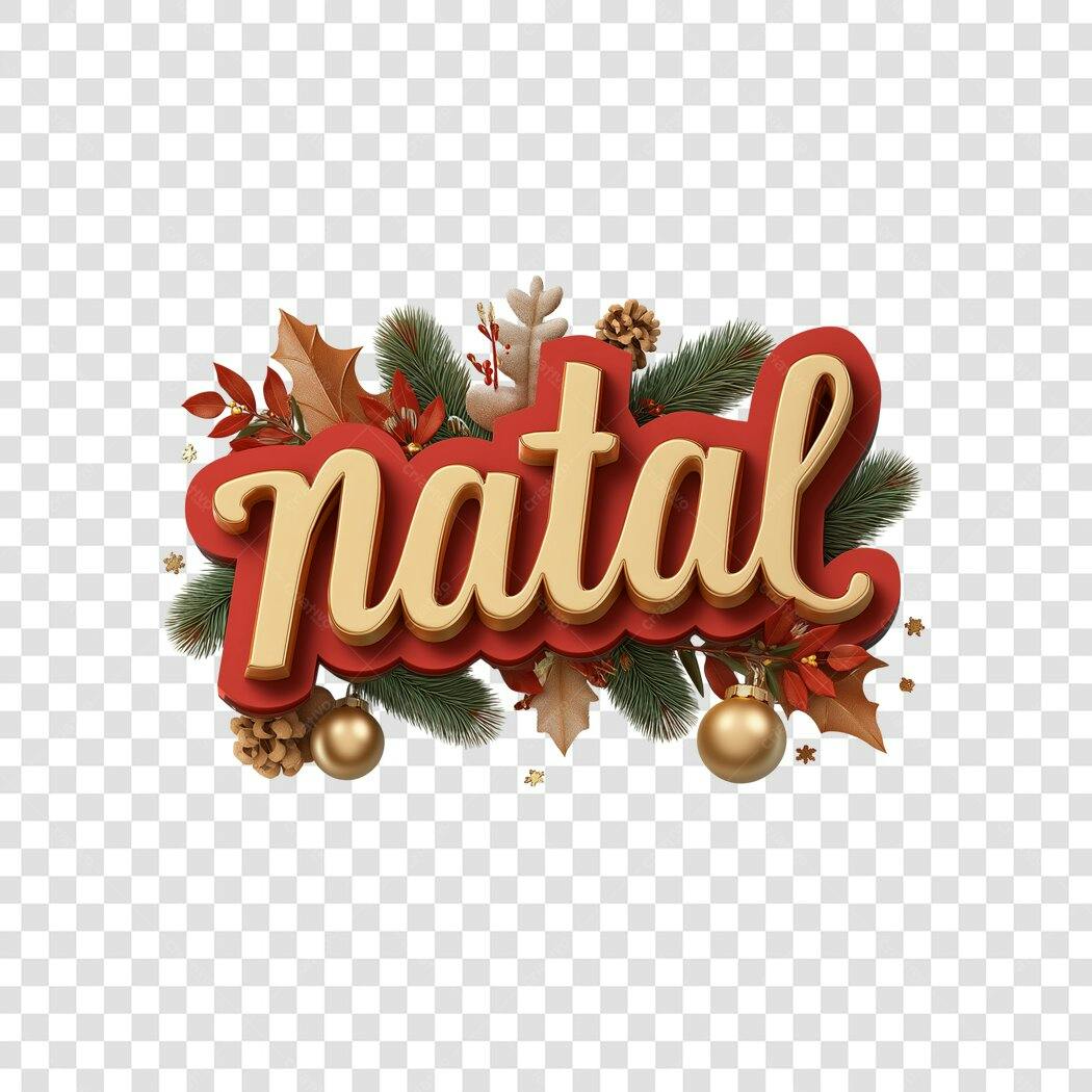Título 3D Natal festivo vermelho e dourado com enfeites PNG com fundo transparente
