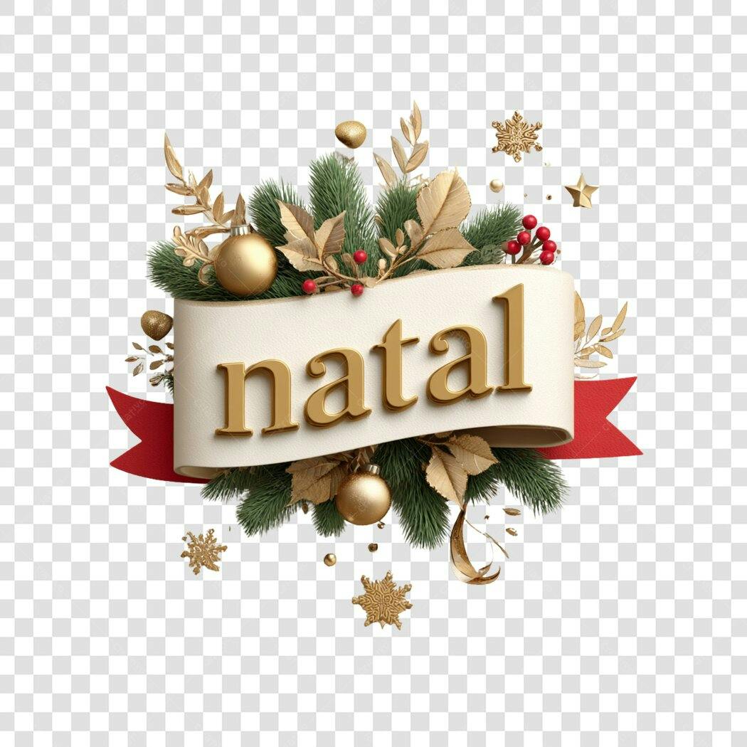 Título de Natal dourado e verde com elementos festivos PNG com fundo transparente