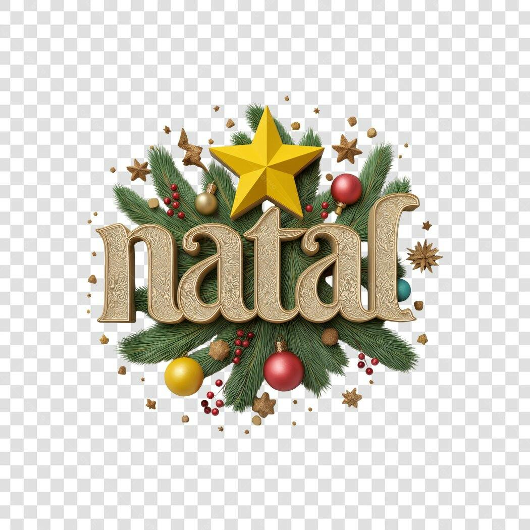 Texto Decorativo Natal Estrela Dourada Folhagem Vermelho PNG com fundo transparente
