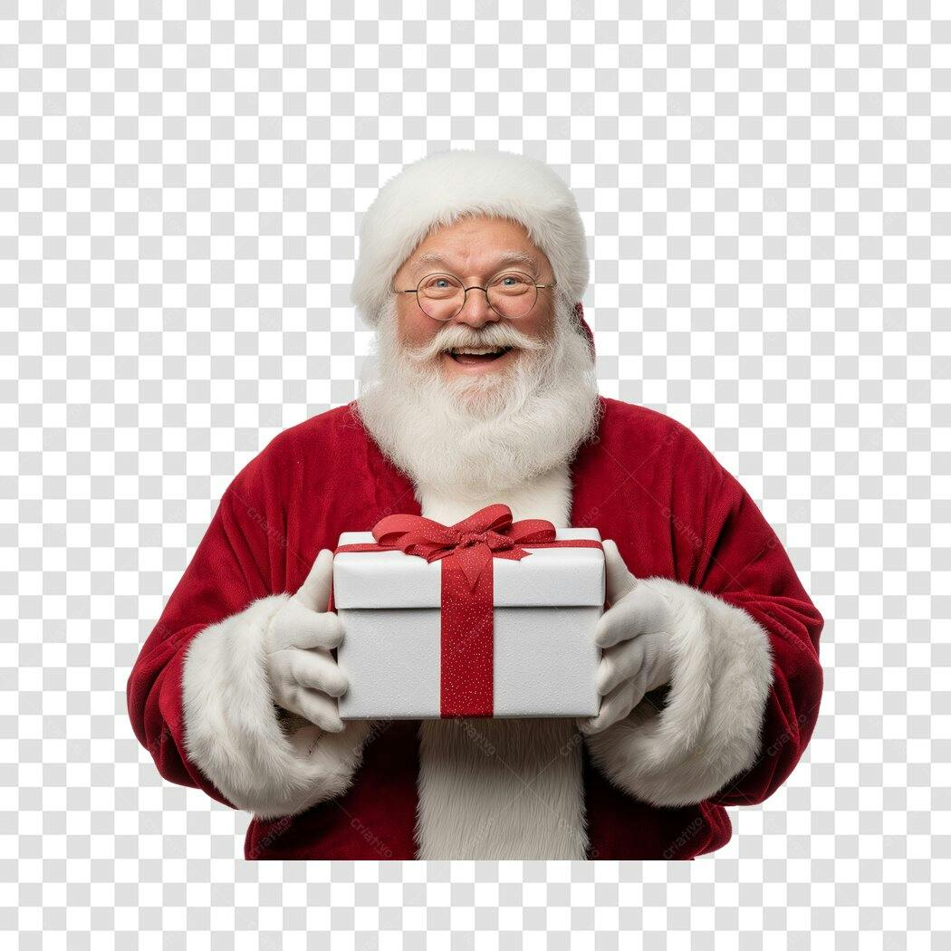 Personagem Papai Noel Feliz com Presente Natalino Vermelho e Branco PNG com fundo transparente