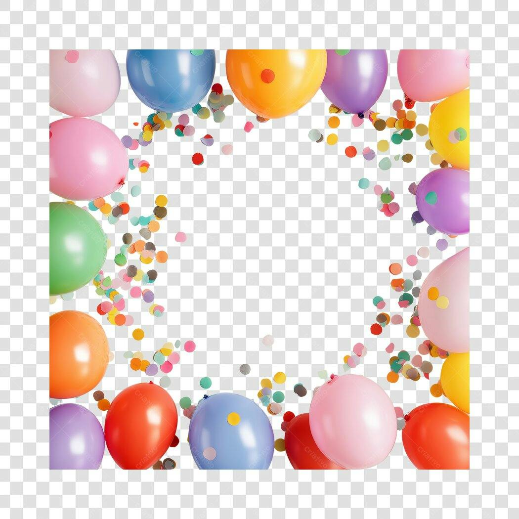 Moldura Festiva Balões Confetes Coloridos Aniversário Celebração PNG com fundo transparente