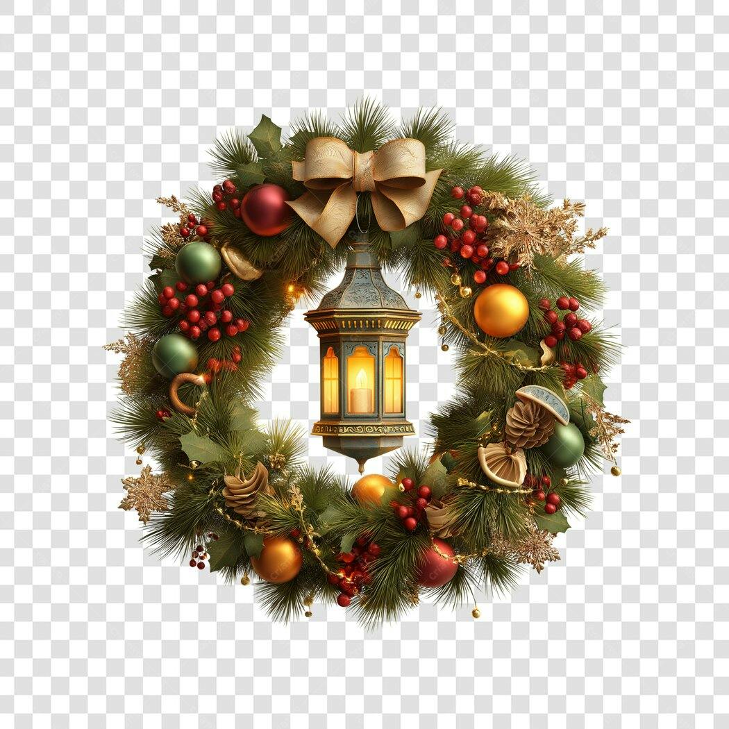 Guirlanda de Natal com lanterna e laço dourado PNG com fundo transparente
