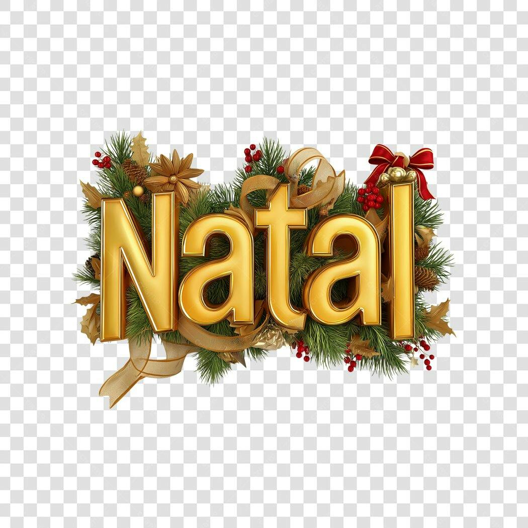 Título 3D Natal dourado com ramos de pinheiro e bagas vermelhas PNG com fundo transparente