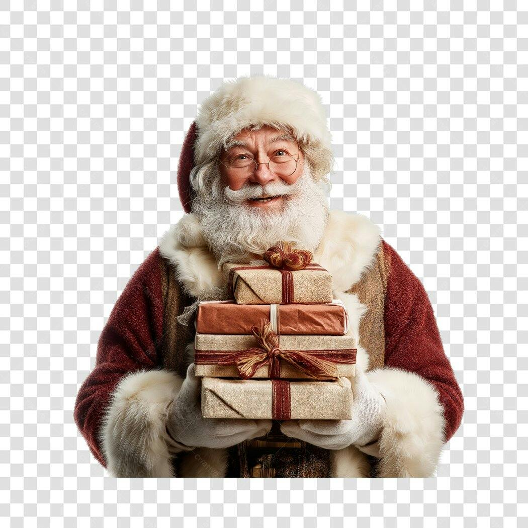 Personagem Papai Noel Feliz Natal 25 de Dezembro Barba Branca Óculos Presentes PNG com fundo transparente