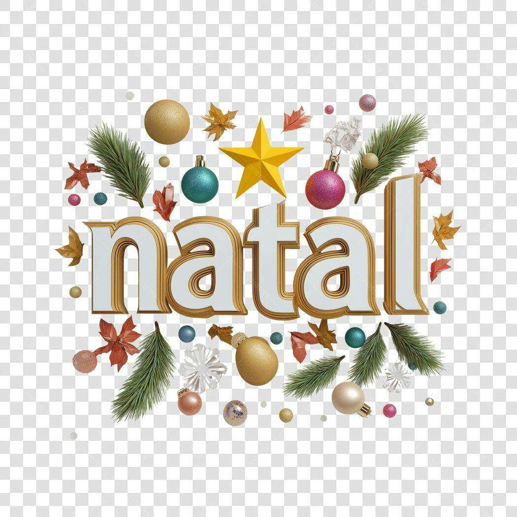 Decoração Natalina palavra natal 3D dourada verde rosa azul estrela PNG com fundo transparente