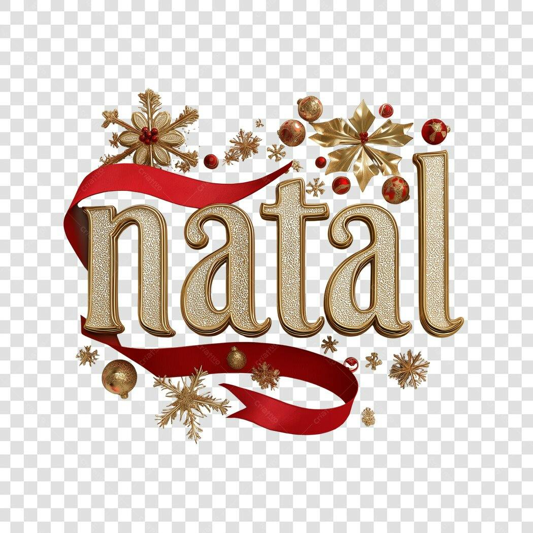 Texto Decorativo Natal Dourado e Vermelho com Flocos de Neve PNG com fundo transparente