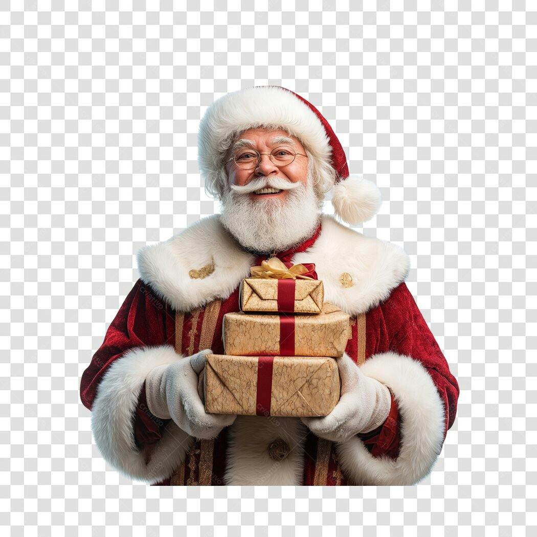 Personagem Papai Noel com presentes Sorridente Natal PNG com fundo transparente