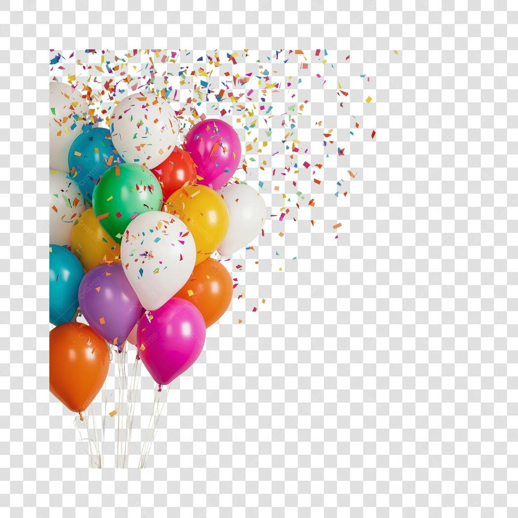 Balões coloridos vibrantes e confetes para festa aniversário celebração PNG com fundo transparente