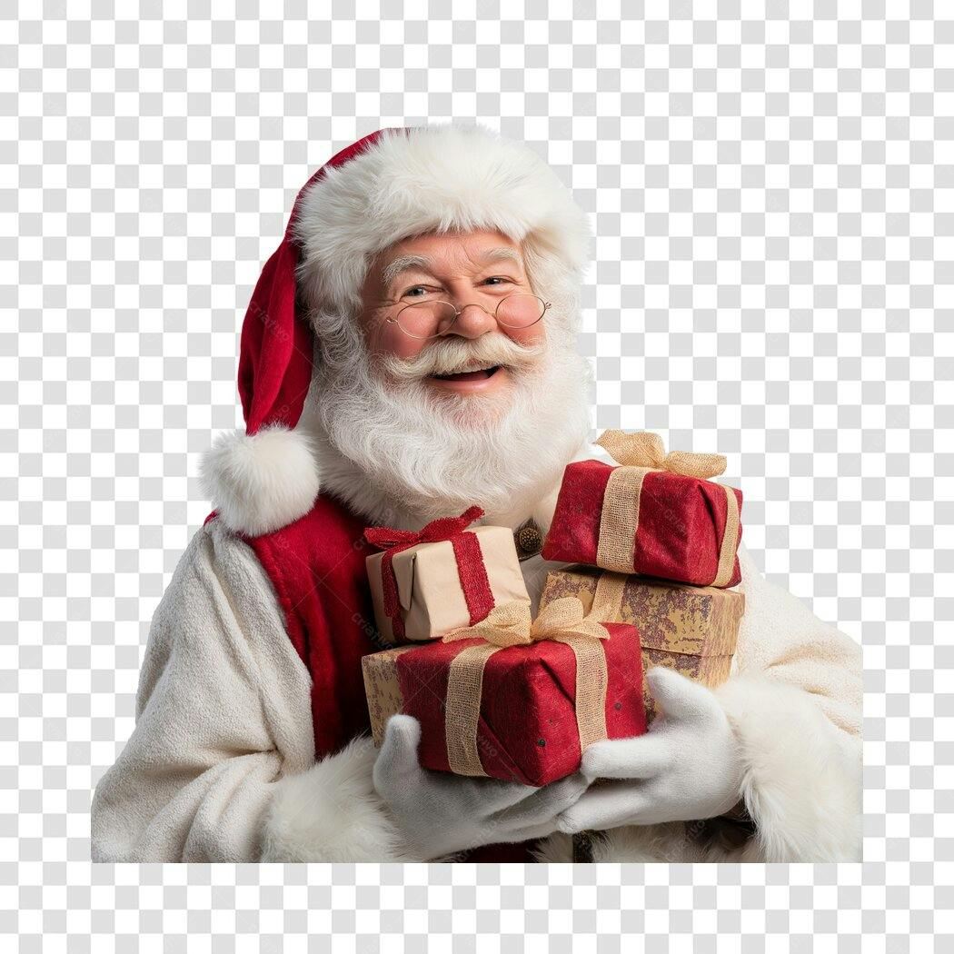Ilustração Papai Noel gordo sorridente com óculos e presentes PNG com fundo transparente