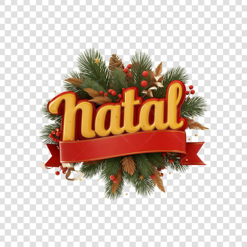 Título Natal 3D Dourado com Fita Vermelha PNG com fundo transparente