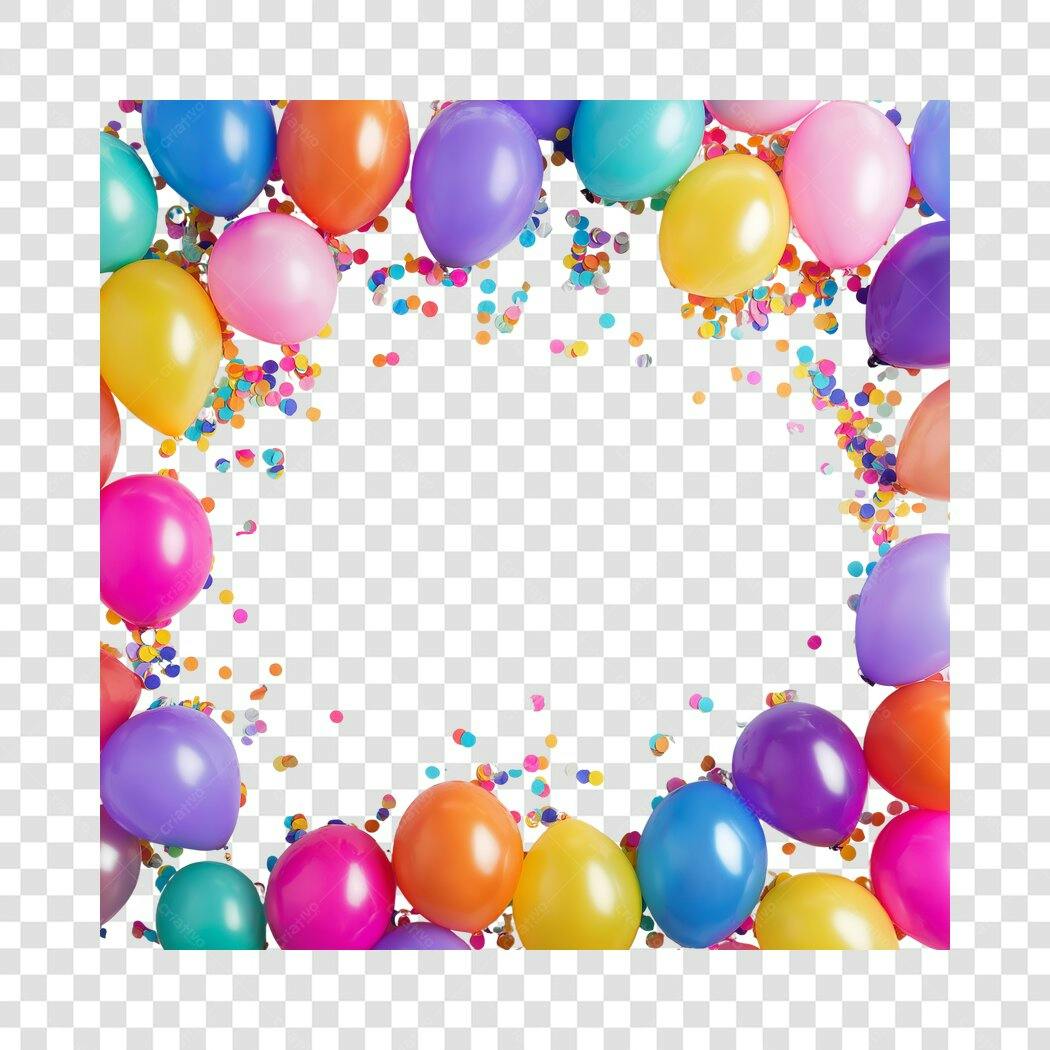 Moldura Balões Coloridos Confetes Festa Aniversário PNG com fundo transparente