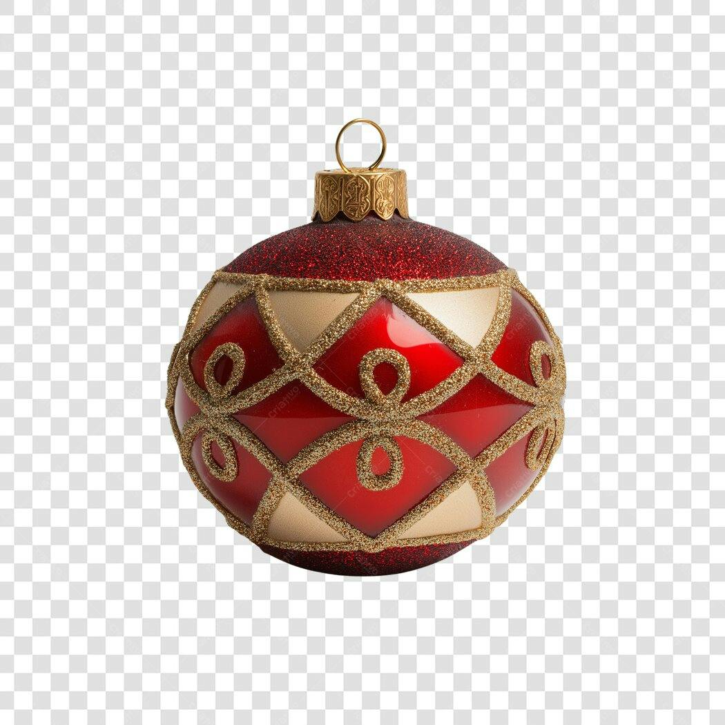 Bola de Natal Decorativa Vermelha Dourada Glitter PNG com fundo transparente