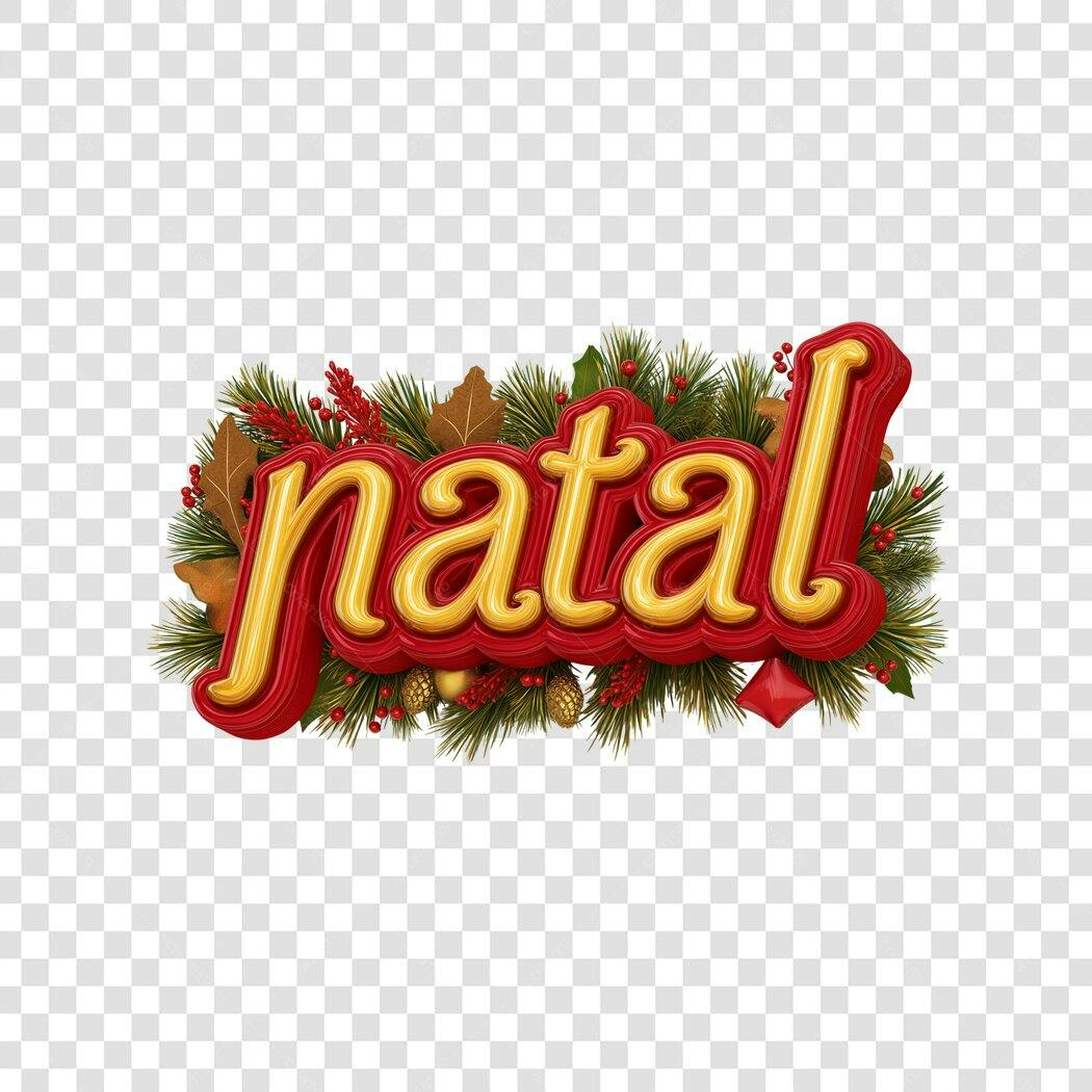 Título 3D Natal decorado dourado vermelho verde PNG com fundo transparente