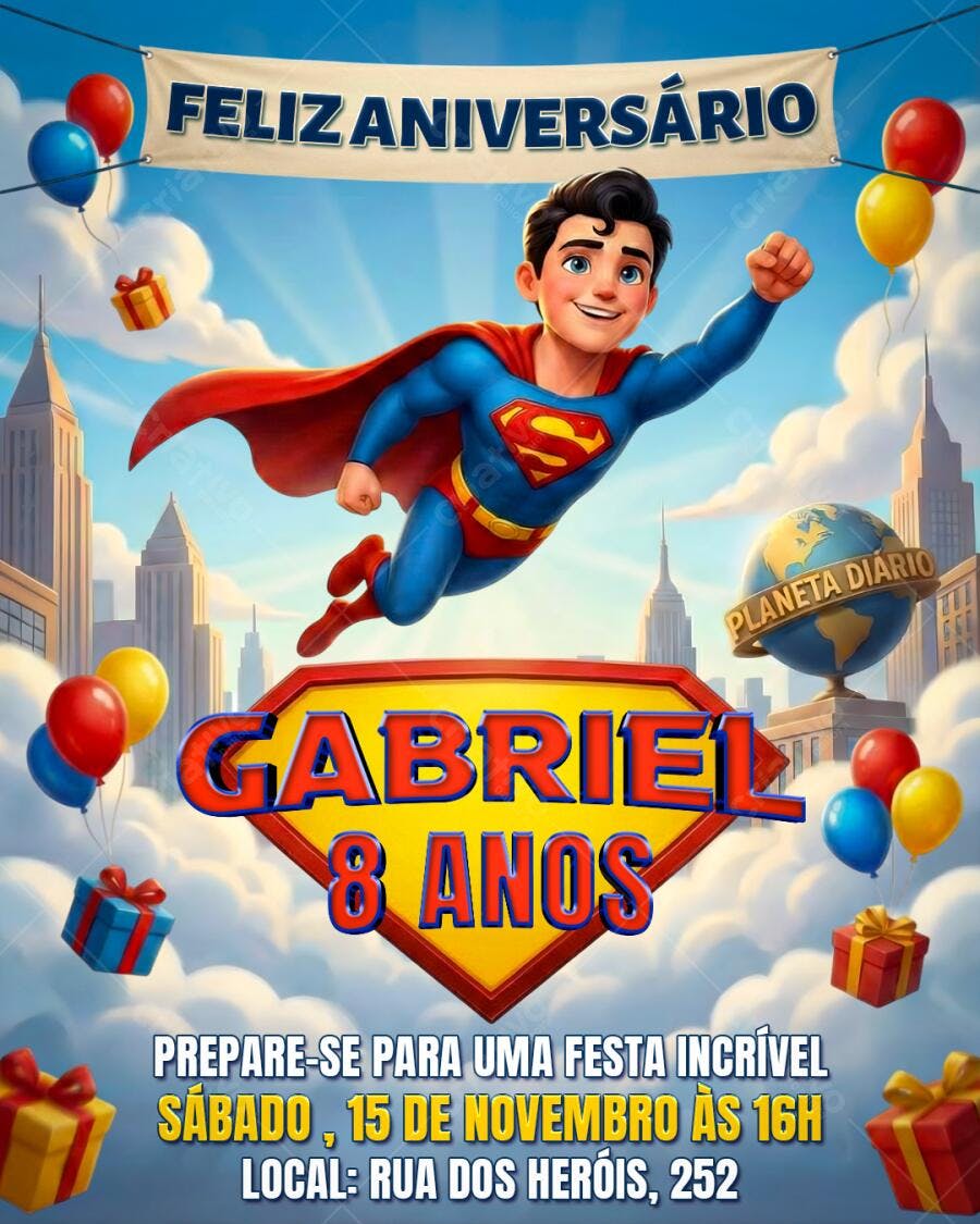 Flyer Aniversário Menino Super-Herói Superman Gabriel PSD Editável