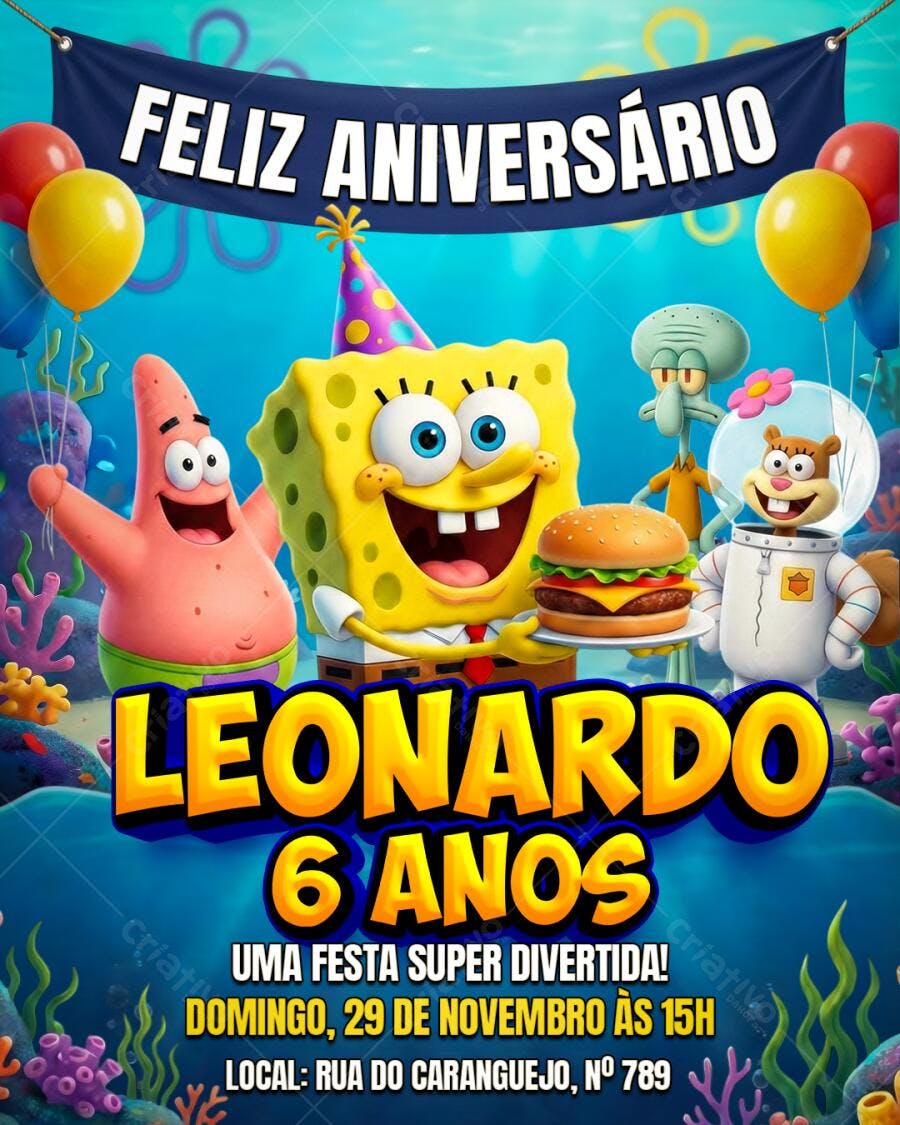 Convite de Aniversário Bob Esponja Leonardo 6 Anos PSD Editável