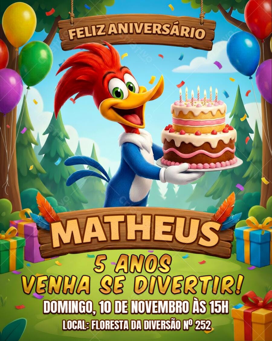 Flyer Festa Aniversário Pica-Pau 5 Anos PSD Editável